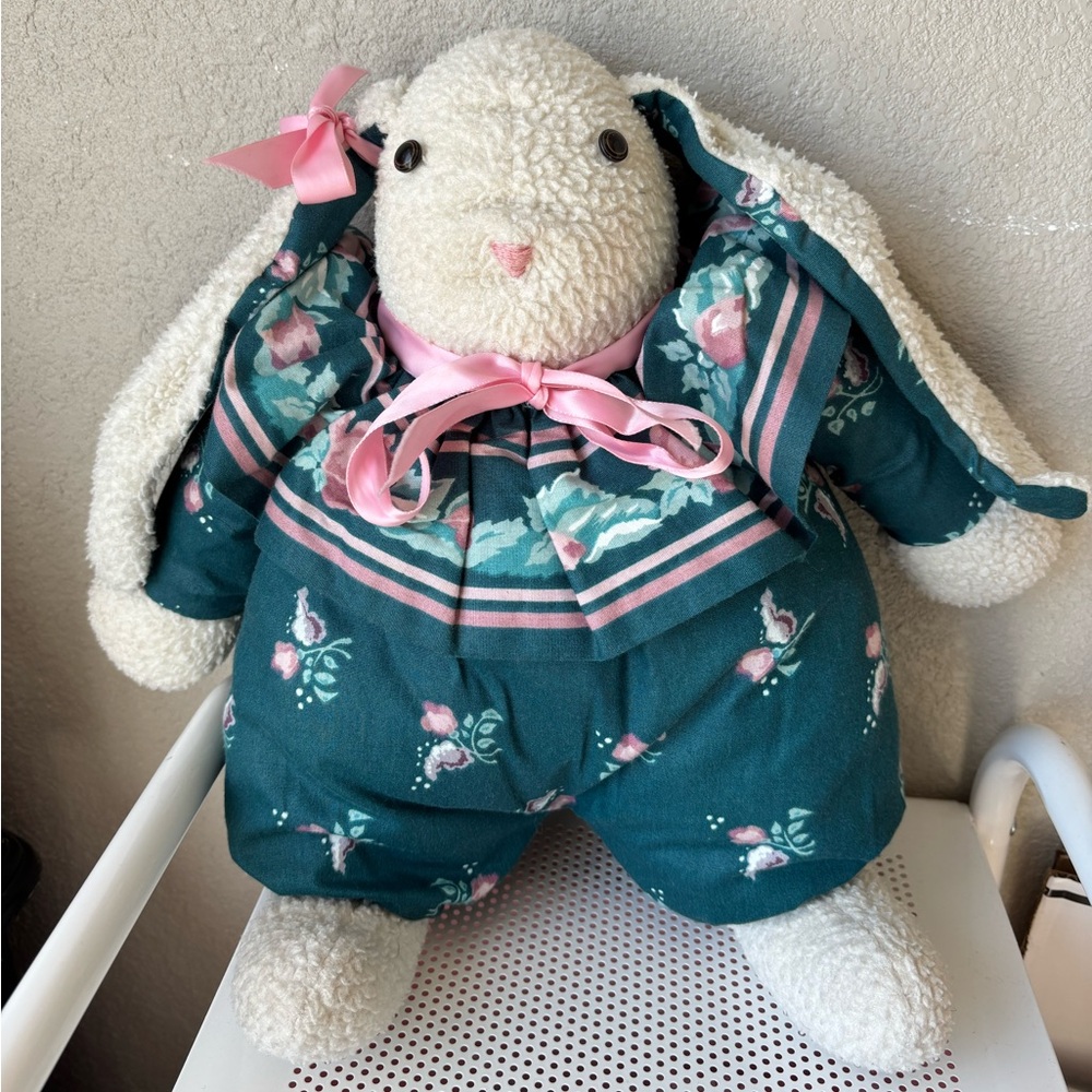 Homemade vintage Floral Bunny Plush with Pink Accents